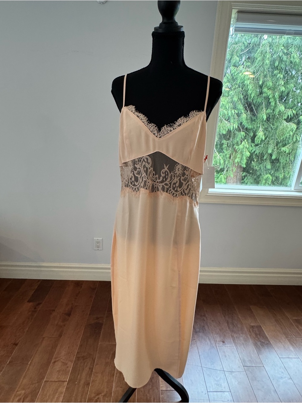 Silk-Feel Lace Trim Slip Dress in Light Peach